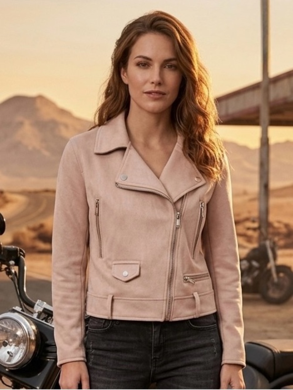 Zara Basic Faux Suede Moto Biker Jacket Cropped Blush Pink Beige Women's L
